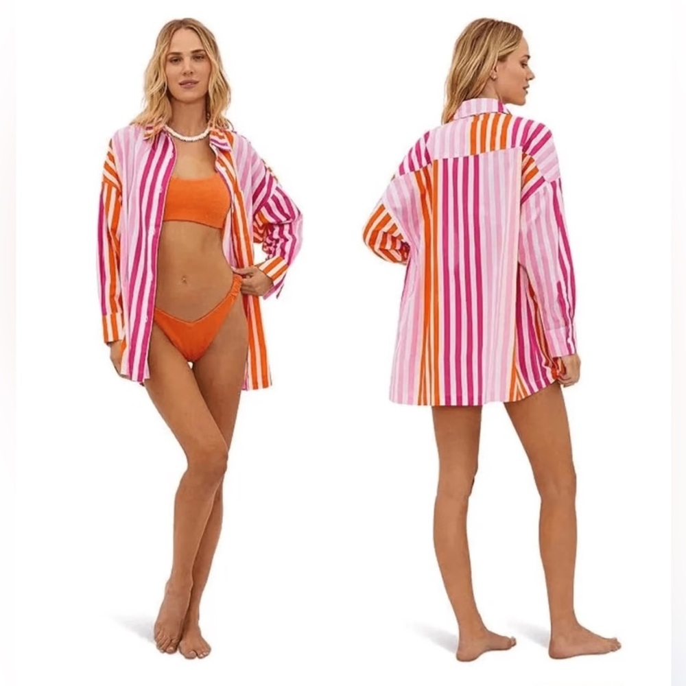 Beach Riot Alexa‎ Sunset Stripe Cotton Button-Down Cover-Up L/XL